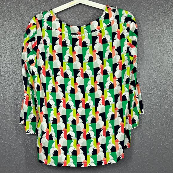 Crown & Ivy Top Petite Large Flowy Elephant Parade Print Peasant  Green - Picture 2 of 6